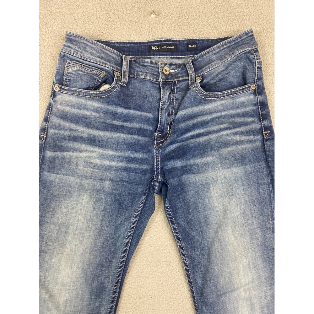 BKE Jake Straight Leg Jeans Mens 34x34 Medium Wash Whiskered Denim - Picture 2 of 12